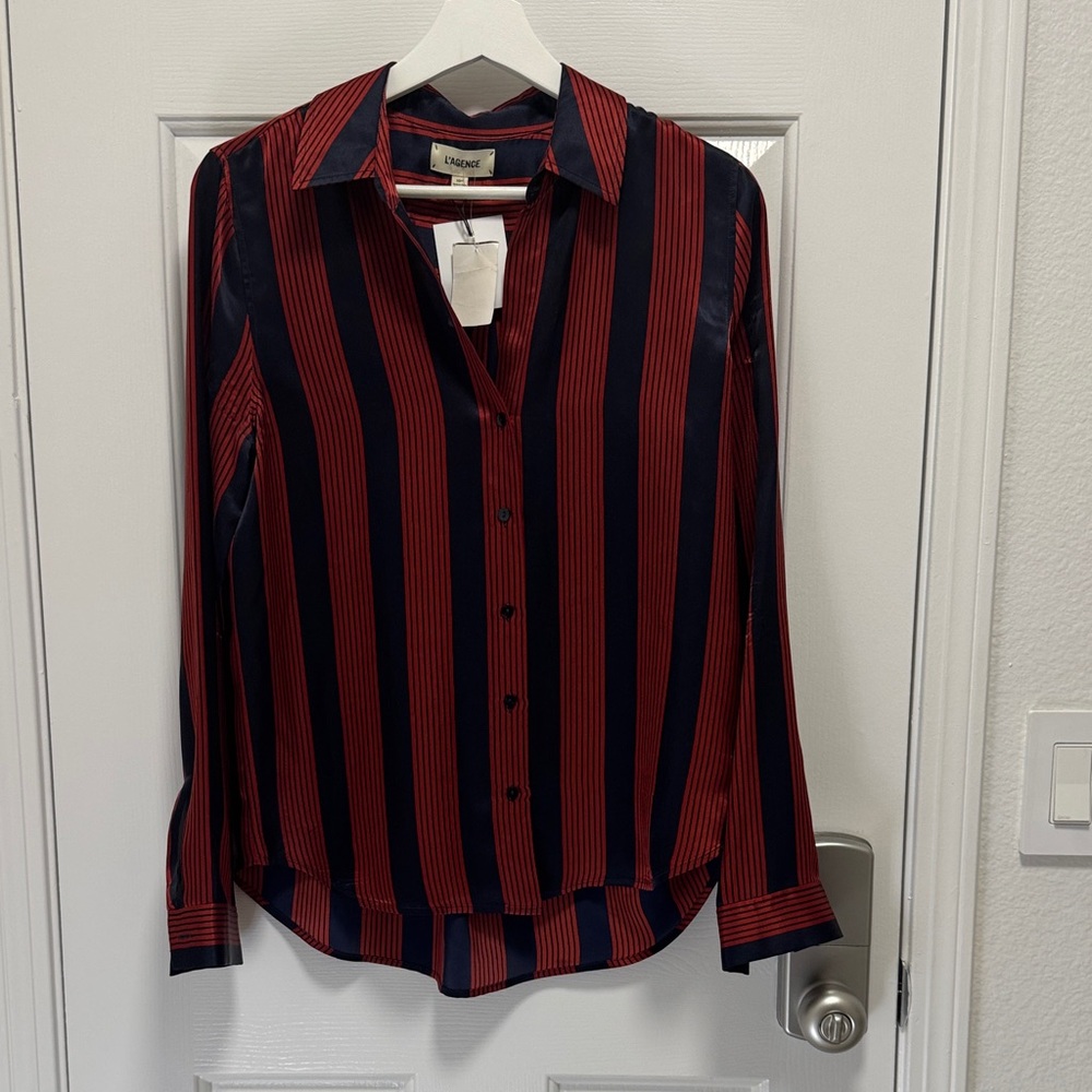 L’AGENCE Silk Striped Button Front Blouse Red Navy Size XS